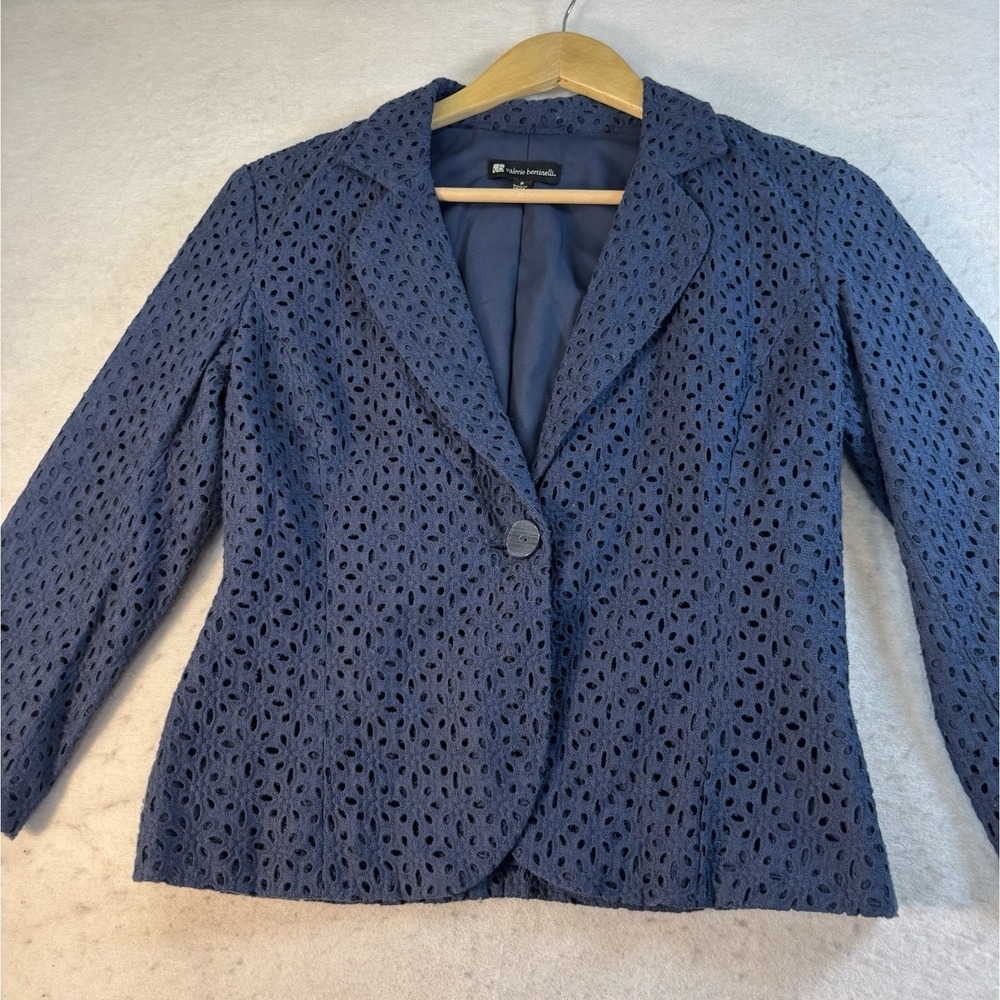Valerie Bertinelli Navy Lace Jacket Women's Size S Blue Cropped Cotton Blazer